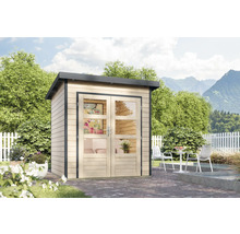 Gartenhaus mit Doppeltür und Fenstern im Garten