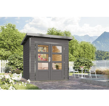 Graues Gartenhaus mit Doppeltür und Fenstern im Garten