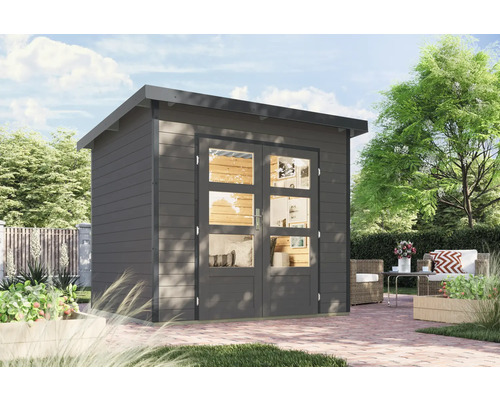 Graues Gartenhaus mit Doppeltür und Fenstern im Garten