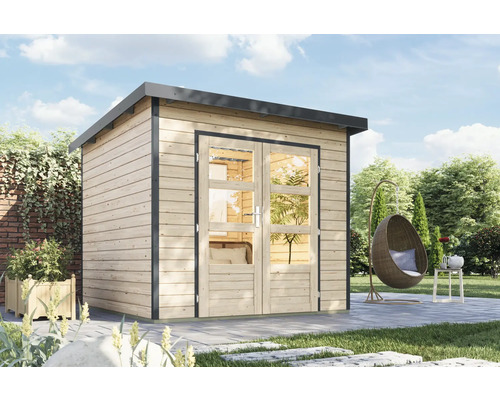 Modernes Gartenhaus aus Holz mit Doppeltür und Fensterfront im Garten