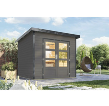 Gartenhaus mit Doppeltür und Glaseinsätzen im Außenbereich.