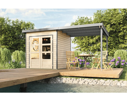 Gartenhaus mit Terrasse, Tisch und Stühlen auf Holzsteg am Wasser