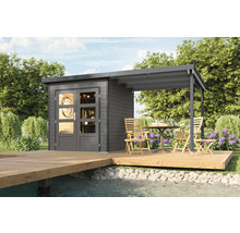 Gartenhaus mit überdachter Terrasse auf einer Holzplattform am Wasser