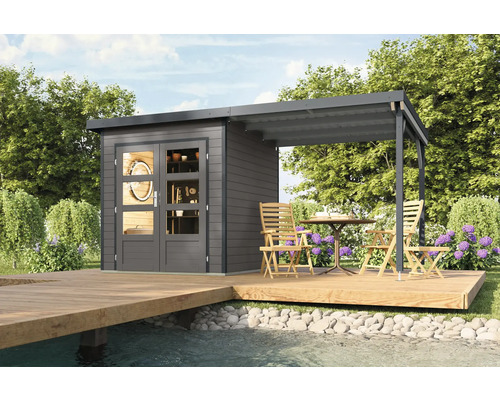 Gartenhaus mit überdachter Terrasse auf einer Holzplattform am Wasser