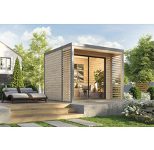 Modernes Gartenhaus aus Holz mit Glasfront und Terrasse