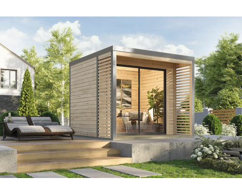 Modernes Gartenhaus aus Holz mit Glasfront und Terrasse