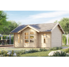 Holzgartenhaus mit Fenstern und Doppeltür im Garten