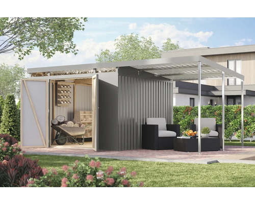 Garten mit Geräteschuppen, Sitzecke und Überdachung