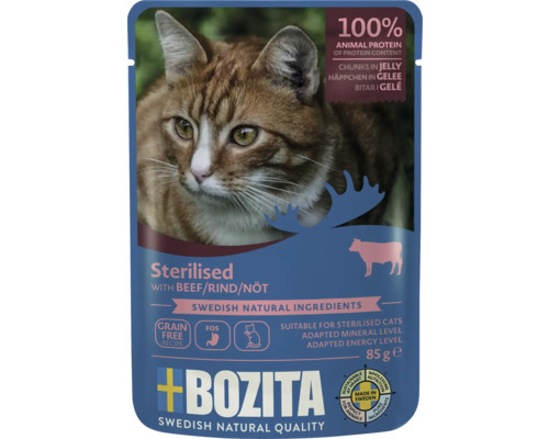 Bozita Katzenfutter Sterilised mit Rind, Stückchen in Gelee, 85 Gramm