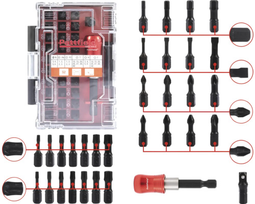Pattfield Logo Bitset mit verschiedenen Schrauberbits und Bithalter