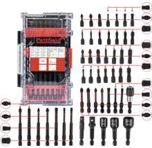 Pattfield Logo. Sortiment mit Schraubendrehereinsätzen in transparenter Kunststoffbox