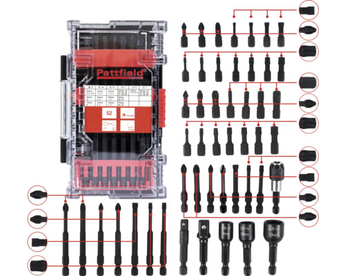 Schrauberbit Set Pattfield 48 tlg., S2 Pattfield Logo. Sortiment mit Schraubendrehereinsätzen in transparenter Kunststoffbox