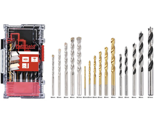 HSS Kombi Bohrer Set Pattfield 16 tlg., Rundschaft Pattfield Bohrerset mit verschiedenen Bohrertypen und -größen in einer transparenten Aufbewahrungsbox