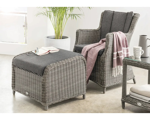 Balkonset Destiny LUNA CASA MERANO mit Beistelltisch 46x46x50cm, vintage grau Gartenmöbelset mit Sessel und Hocker aus Polyrattan mit Kissen