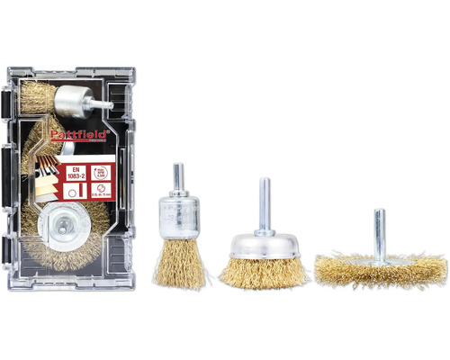 Drahtbürsten Set Pattfield vermessingt 3 tlg., Rundschaft Pattfield Drahtbürsten Set für Bohrmaschinen, vier verschiedene Bürsten