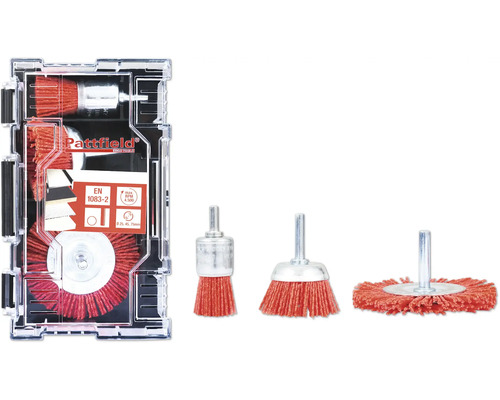 Nylonbürsten Set Pattfield 3 tlg., Rundschaft Pattfield Drahtbürsten Set für Bohrmaschinen, inklusive drei Bürstenformen im Aufbewahrungskasten