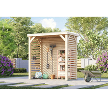 Gartenhaus mit Regalen zur Aufbewahrung von Gartengeräten und Zubehör im Garten.