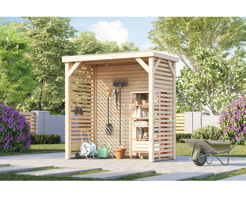 Gartenhaus mit Regalen zur Aufbewahrung von Gartengeräten und Zubehör im Garten.