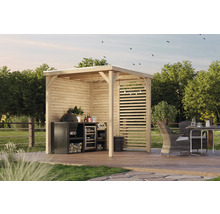 Holzgrillpavillon mit Grill, Weinkühler und Sitzgruppe im Garten