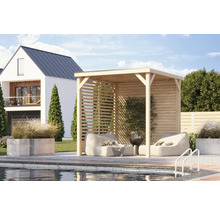 Holzpavillon mit Loungemöbeln am Pool