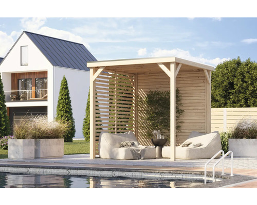 Holzpavillon mit Loungemöbeln am Pool