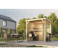 Holzgrillpavillon mit Grill, Tisch und Stühlen im Garten