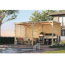 Überdachter Grillplatz mit Sitzgelegenheit und Grill neben einem Pool.