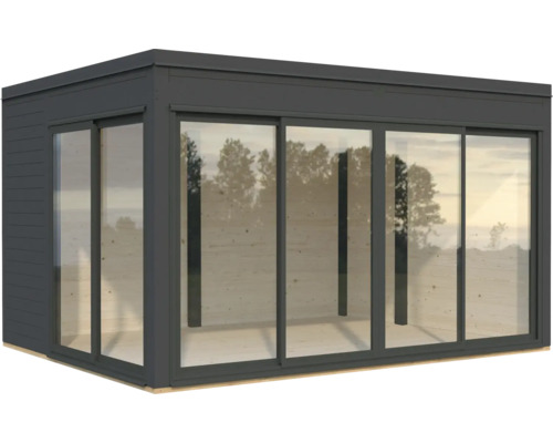 Modernes Gartenhaus mit Schiebetüren und Fensterfront