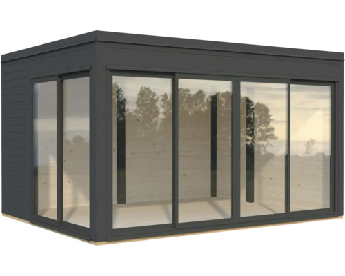 Modernes Gartenhaus mit großen Glasfronten und Schiebetüren