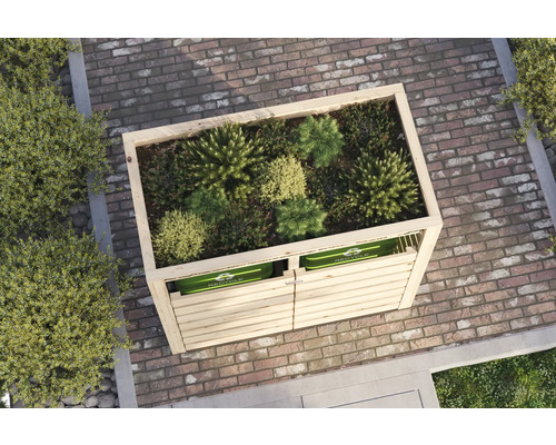 Ansicht von oben auf einen Mülltonnenverkleidung mit Dachbegrünung auf einer Terrasse