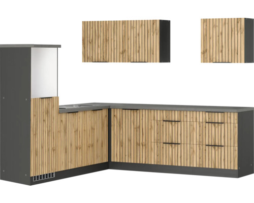 Held Möbel Winkelküche ohne Geräte Trient 240 cm eiche matt zerlegt Variante reversibel 1116.6355 Gartenküche mit Spüle, Schränken und Regalen aus Holz und Metall