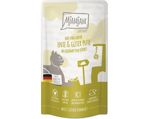 Mjamjam Quetschie Katzenfutter mit Ente, Pute und Kürbis