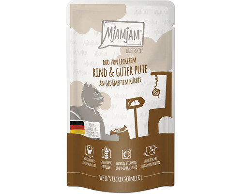 Mjamjam Quetschie Katzenfutter mit Rind, Pute und Kürbis