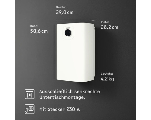 Warmwasserspeicher mit den Maßen 50,6 cm Höhe, 29 cm Breite und 28,2 cm Tiefe. Das Gewicht beträgt 4,2 kg. Ausschließlich senkrechte Untertischmontage mit Stecker 230 Volt.