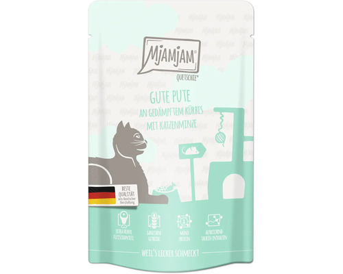 Mjamjam Quetschie Katzenfutter Gute Pute mit Kürbis und Katzenminze