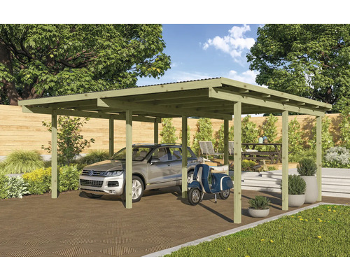 Carport aus Holz mit Auto und Roller