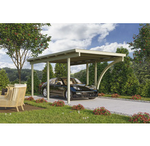 Carport aus Holz mit Auto auf gepflasterter Einfahrt