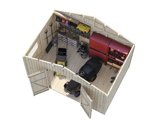 Innenansicht eines Holzgartenschuppens mit Gartengeräten und Werkzeugen zur Aufbewahrung.