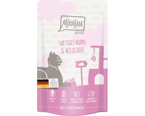 Mjamjam Quetschie Katzenfutter Saftiges Huhn und Wildlachs