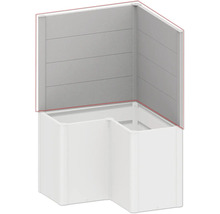 Eckdusche mit weißen Duschwannen und grauen Paneelen