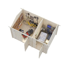 Innenansicht eines Holzgartenhauses mit Regalen, Werkzeugen und Gartengeräten