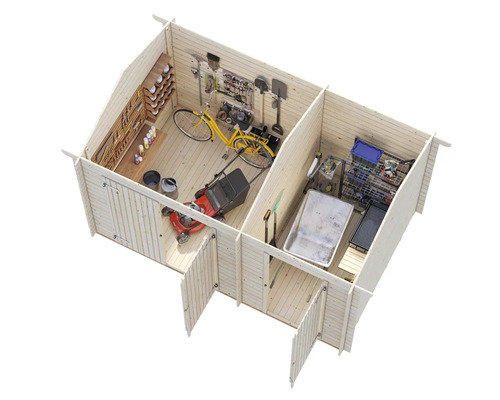 Innenansicht eines Holzgartenhauses mit Regalen, Werkzeugen und Gartengeräten