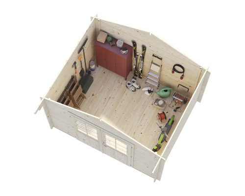 Innenansicht eines Gartenhauses mit Werkzeugen, Geräten und Möbeln