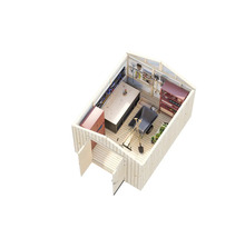 Innenansicht eines hellen Gartenschuppens mit Werkbank, Werkzeugwand, Schrank, Regal und Schubkarre