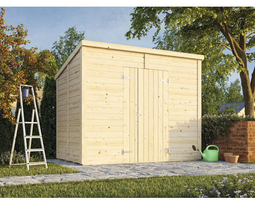 Holzgartenhaus mit Tür und Satteldach im Garten