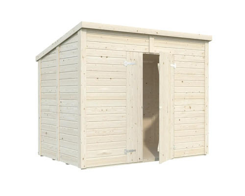 Holzgartenhaus mit Doppeltür, teilweise geöffnet für Lagerung