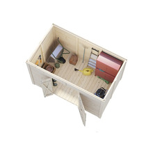 Innenansicht eines Gartenschuppens mit Gartengeräten und Werkzeugen