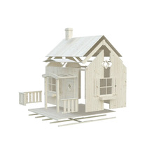 Explosionszeichnung eines Holzspielhauses für den Garten mit Veranda und Fenstern