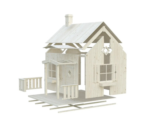 Explosionszeichnung eines Holzspielhauses für den Garten mit Veranda und Fenstern