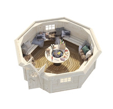 Achteckige Grillkota mit Sitzbänken und Grilltisch in der Mitte